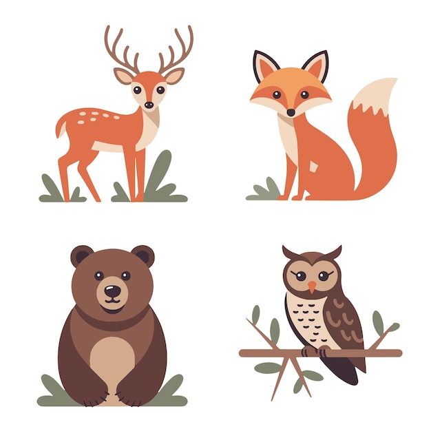 Criaturas del bosque de dibujos animados ciervo zorro oso y búho
