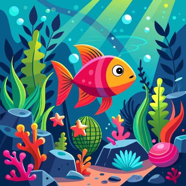 Vector criaturas marinas de acuario peces submarinos tropicales vida silvestre marina dibujada a mano dibujada plana caricatura elegante