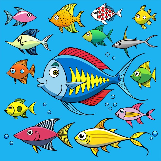 Vector criaturas marinas de acuario peces submarinos tropicales vida silvestre marina dibujada a mano dibujada plana caricatura elegante