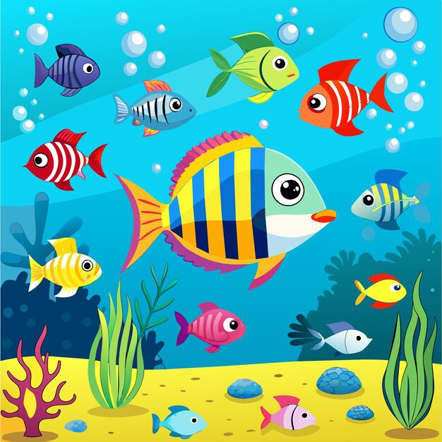 Criaturas marinas de acuario peces submarinos tropicales vida silvestre marina dibujada a mano dibujada plana caricatura elegante