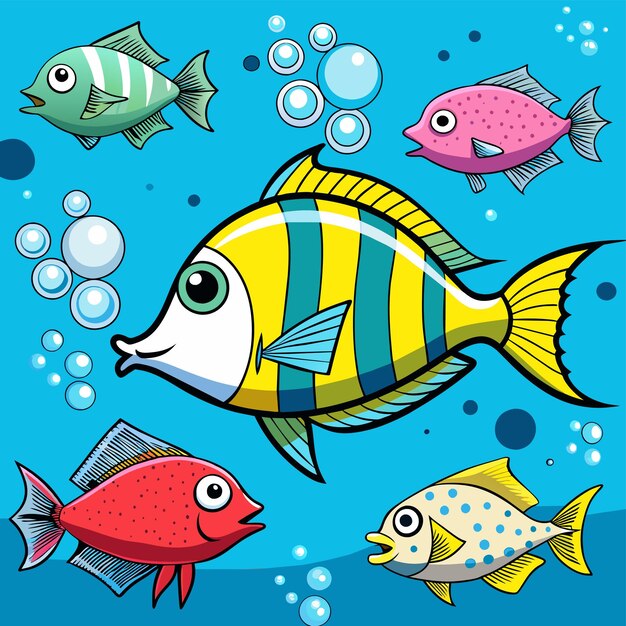 Vector criaturas marinas de acuario peces submarinos tropicales vida silvestre marina dibujada a mano dibujada plana caricatura elegante