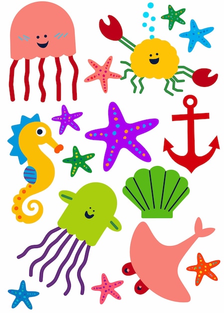 Criaturas marinas de dibujos animados y elementos oceánicos