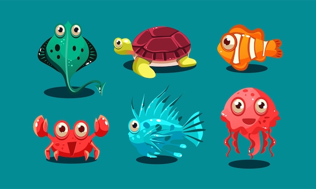 Criaturas marinas establecen lindos animales divertidos y peces personajes pulpo platija medusa pez payaso tortuga y medusa vector ilustración diseño web