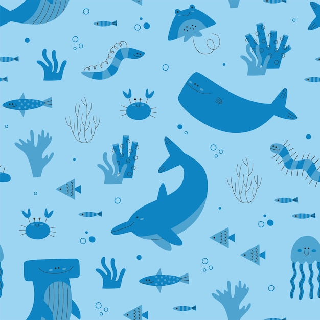 Criaturas marinas en patrones sin fisuras temáticos de color azul