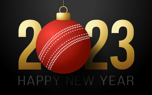 Cricket 2023 feliz año nuevo tarjeta de felicitación deportiva con pelota de cricket dorada en el fondo de lujo ilustración vectorial