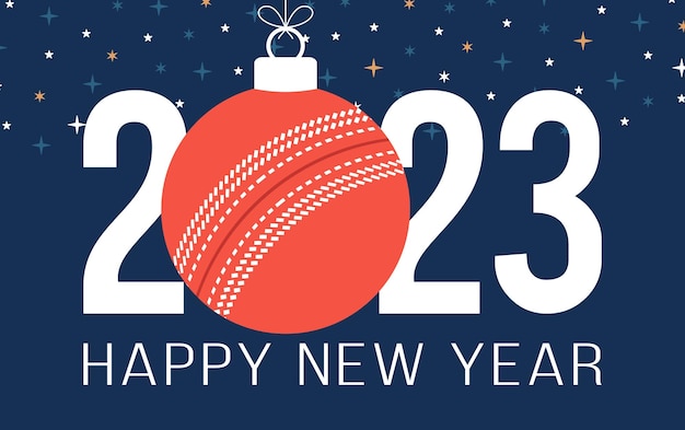 Cricket 2023 feliz año nuevo tarjeta de felicitación deportiva con pelota de cricket en el fondo plano ilustración vectorial