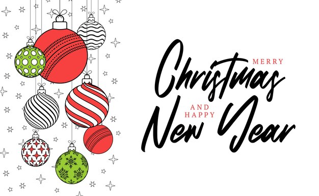 Cricket tarjeta de felicitación de Navidad en estilo de línea de moda Feliz Navidad y Feliz Año Nuevo esquema de dibujos animados Deportes banner pelota de cricket como una bola de Navidad sobre fondo blanco Ilustración vectorial