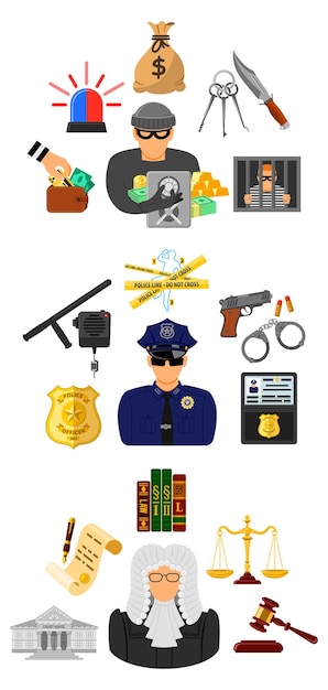 Vector crimen y castigo iconos planos ladrón policía y juez ilustración vectorial