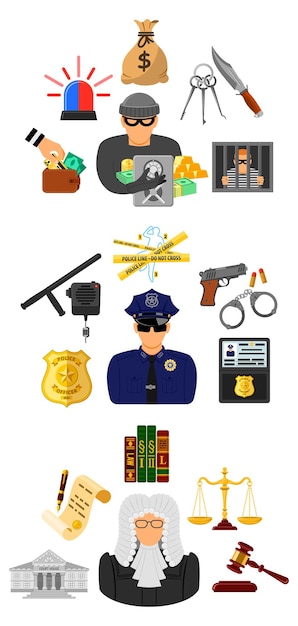 Crimen y castigo Iconos planos Ladrón Policía y juez Ilustración vectorial