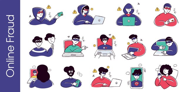 Crimen en línea Medios sociales Fraude juegos de plantillas de personajes estafadores o ladrones trabajando en la computadora
