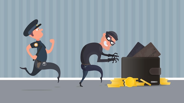 Un criminal roba una billetera con tarjetas de crédito y monedas de oro. Un policía detiene a un ladrón. El concepto de robo. Seguridad de datos y finanzas. Estilo plano, Vector.