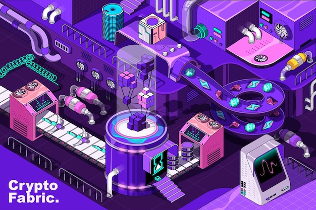 Cripto minería concepto web en diseño isométrico 3D criptomoneda agricultura virtual comercio en línea monedas línea de producción de tela abstracta en isometría gráfico para cartel corporativo ilustración vectorial