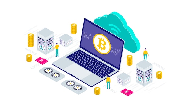 Criptomoneda, bitcoin, blockchain, minería, tecnología, Internet IoT isométrico 3d ilustración plana.