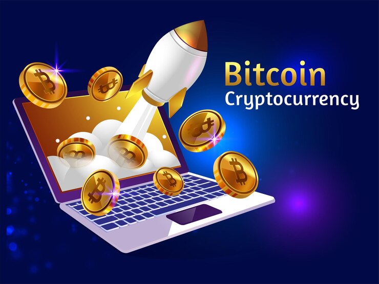Vector criptomoneda bitcoin dorada con cohete booster y portátil