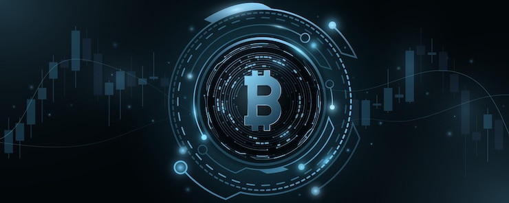 Vector criptomoneda bitcoin con elementos hud. patrón de candelabro. moneda digital btc para banner o presentación empresarial. concepto de tecnología futurista. blockchain para diseño gráfico. vector