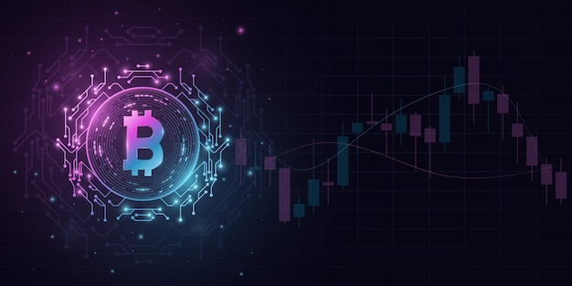 Criptomoneda Bitcoin en un estilo futurista con fondo de patrón de precio de vela. Moneda digital BTC para banner, sitio web o presentación. Blockchain para diseño gráfico. Ilustración vectorial