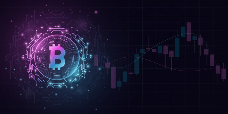Vector criptomoneda bitcoin en un estilo futurista con fondo de patrón de precio de vela. moneda digital btc para banner, sitio web o presentación. blockchain para diseño gráfico. ilustración vectorial