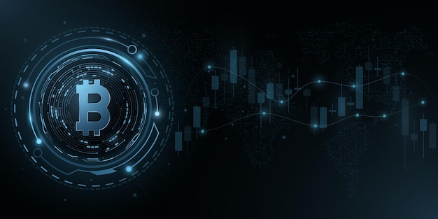 Criptomoneda Bitcoin con HUD y patrón de velas. Moneda digital BTC para banner empresarial. Concepto de tecnología futurista. Blockchain para diseño gráfico. Vector