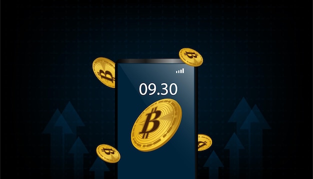 La criptomoneda Bitcoin con monedas sale de la ilustración de vector de teléfono inteligente