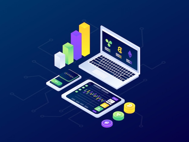 Criptomoneda Blockchain Minería Bitcoin Futurista Isométrica Diseño Ilustración Vectorial
