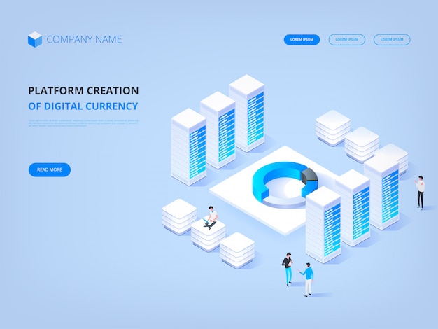 Criptomoneda y blockchain. plataforma de creación de moneda digital. encabezado del sitio web. negocios, análisis y gestión.