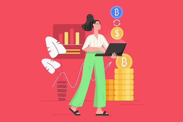 Criptomoneda y criptominería concepto plano moderno. Mujer feliz compra y vende bitcoins, aumenta las ganancias, analiza estadísticas financieras. Ilustración de vector con escena de personas para diseño de banner web