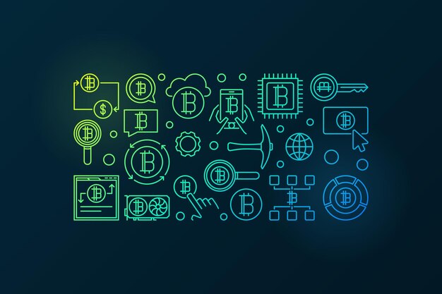 Criptomoneda horizontal moderno banner vector bitcoin minería concepto lineal ilustración