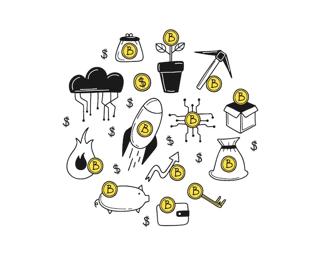 Criptomoneda Iconos de Bitcoin en forma de círculo Los objetos financieros de línea describen la tecnología blockchain de monedas criptográficas Intercambio de minería y símbolo de inversión de billetera de crecimiento ilustración de garabatos vectoriales