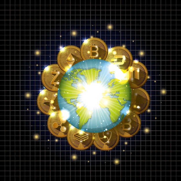 criptomoneda en los iconos del planeta