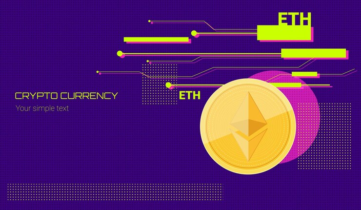 Vector la criptomoneda de inscripción en un fondo abstracto con un microcircuito con el efecto de una falla del sistema y una moneda de ethereum