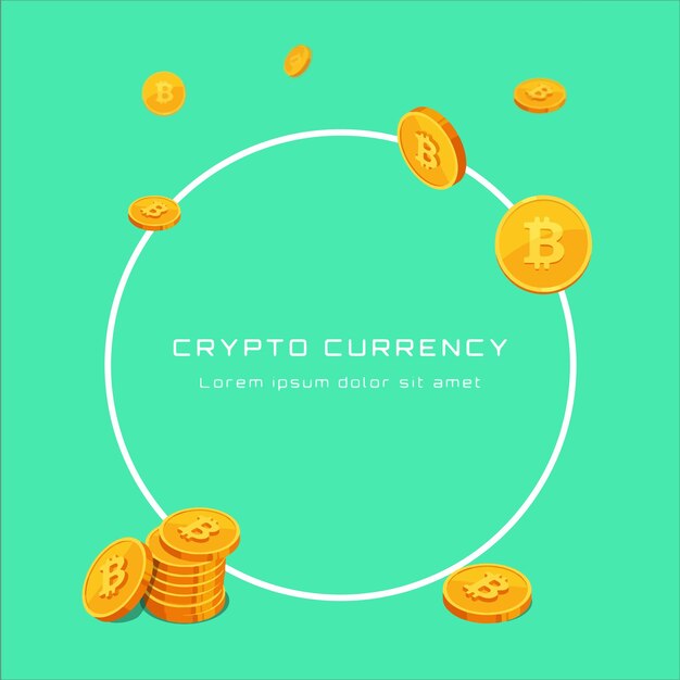 Criptomoneda de inscripción en un marco redondo y monedas de bitcoin en estilo isométrico