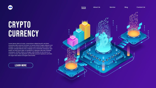 Vector criptomoneda isométrica bitcoin minería tendencia alcista ilustración colorida