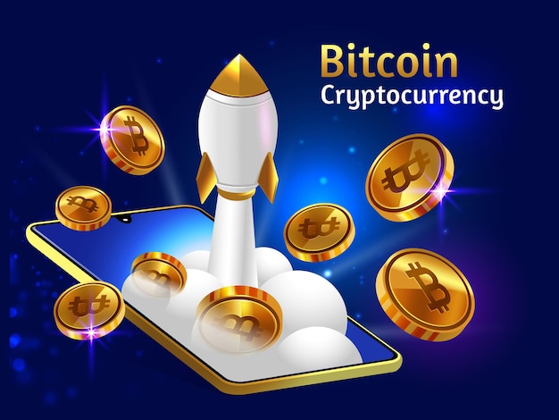 La criptomoneda de oro bitcoin con refuerzo de cohetes y teléfono inteligente