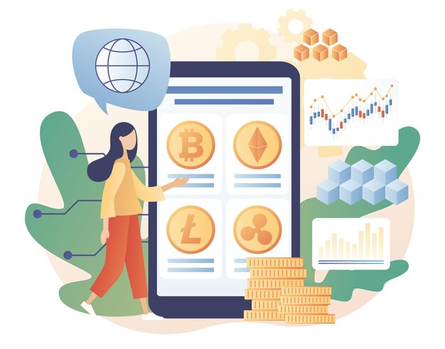 Criptomoneda Pequeña mujer comerciando e invirtiendo en la aplicación para teléfonos inteligentes Bitcoin altcoin Web digital