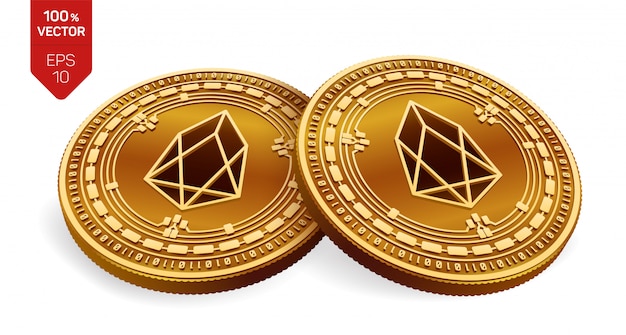 Criptomonedas monedas de oro con el símbolo eos aislado sobre fondo blanco.