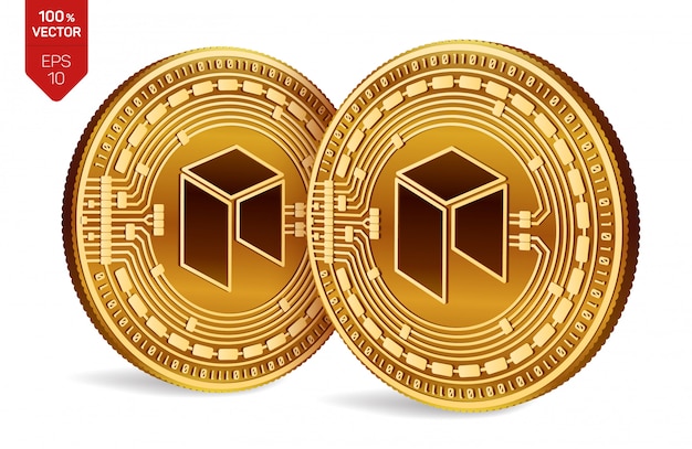 Criptomonedas monedas de oro con el símbolo neo aislado sobre fondo blanco.