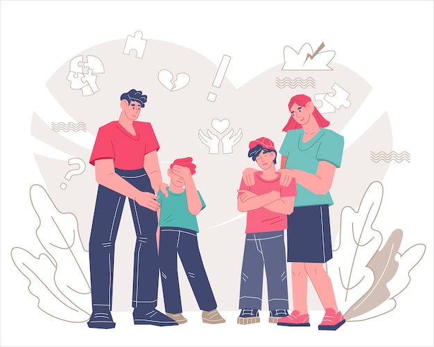 La crisis de los adolescentes ayuda y apoya la ilustración vectorial plana aislada en el fondo blanco Los padres resuelven el conflicto y consuelan a los niños molestos La familia apoya a sus hijos en situaciones de estrés