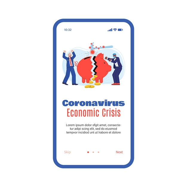 Crisis económica de coronavirus: banner de aplicación con hombres y hucha rota