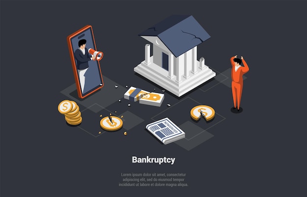 Crisis financiera Defecto Desempleo Deudas Bancarrota Colapso del sistema financiero bancario y devaluación empresarial Préstamo impago El hombre sostiene la cabeza de las noticias Ilustración vectorial isométrica 3D