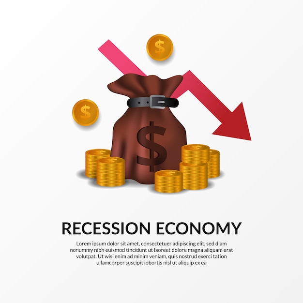 Crisis financiera empresarial. recesión de la economía global. inflación y quiebra. ilustración de bolsa de dinero, dinero dorado y flecha bajista roja