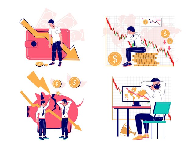 Crisis financiera establece ilustración aislada plana vectorial