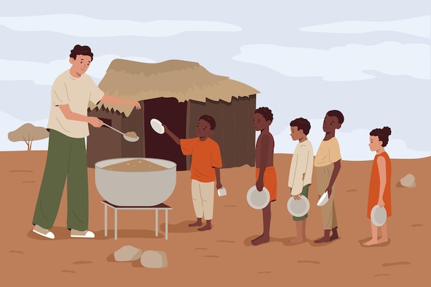 Crisis de hambre concepto plano con hombre alimentando triste niños hambrientos ilustración vectorial