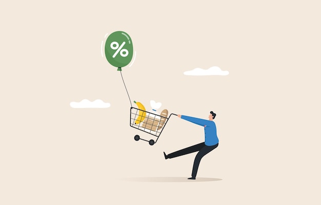 Crisis de los precios de los alimentos La inflación refleja precios más altos de los bienes y servicios un aumento en el precio de los bienes de consumo hombres tratando de atrapar el carrito de la compra lleno de comida que se va volando