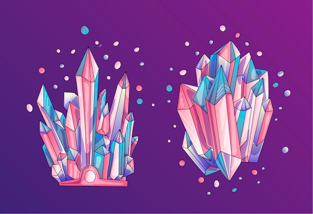 Cristal azul y rosa de cuarzo, ilustración de dibujos animados lindo.