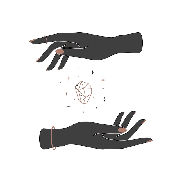 Cristal brillante místico entre manos de mujer. Símbolo espiritual elegante para el logotipo del nombre de marca. Ilustración vectorial celestial esotérica