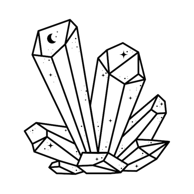 Cristal de cuarzo aislado sobre fondo blanco Diamantes de minerales de racimo de cristal Estilo de boceto de gemas dibujadas a mano