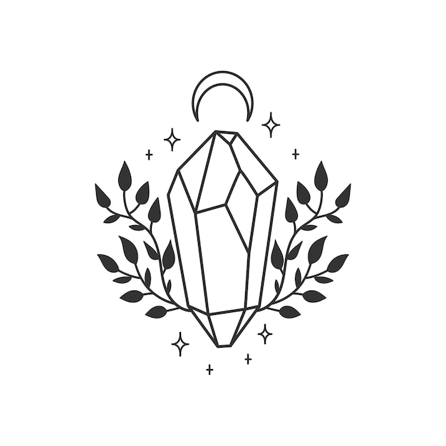 Cristal espiritual místico entre el follaje Ilustración vectorial Impresión para posters de tarjetas de ropa