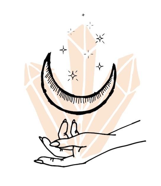 Cristal y estrellas con espiritualidad luna dibujado a mano astrología símbolo de media luna piedra preciosa mística