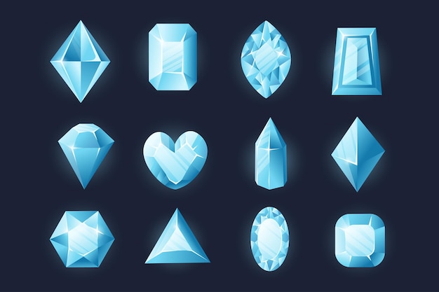 Cristal de hielo las piedras preciosas de dibujos animados atesoran piezas brillantes de colección de prismas de luz de vidrio azul conjunto de vectores