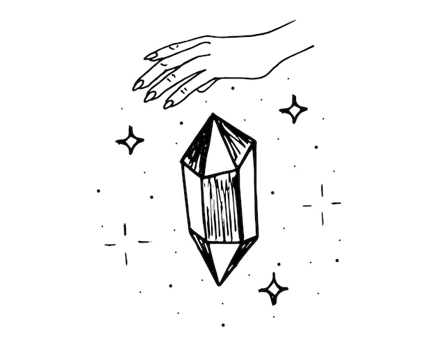 Cristal mágico elevado para curar con estrellas destellantes y mano de mujer. Gema piedra mineral medicina alternativa y tratamiento eco logo boceto. Ilustración de eps de vector de dibujo lineal